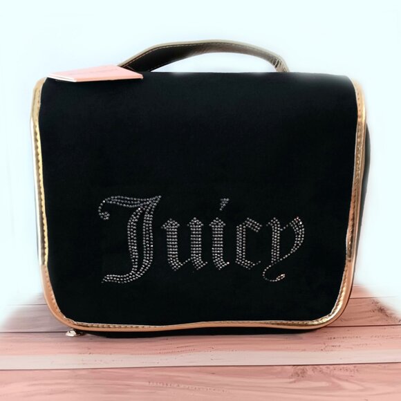 NWT💥 JUICY COUTURE BLACK & GOLD VELOUR LARGE TRAVEL COSMETIC BAG - Picture 1 of 10